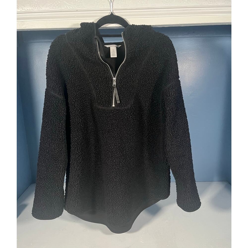 H&M Black Sherpa Half Zip Hoodie Pullover Fleece Jacket Large Cozy Warm